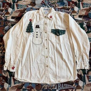 Vintage 90s Women’s Designworks by Terra White Denim Holiday Snowman Shirt